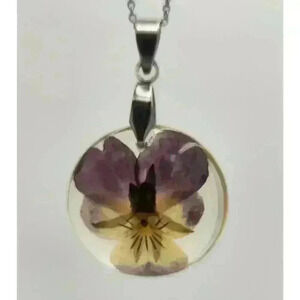 1" Round Smile With Flower Pansy Pressed Flower Necklace Capricorn Birth‎ Flower